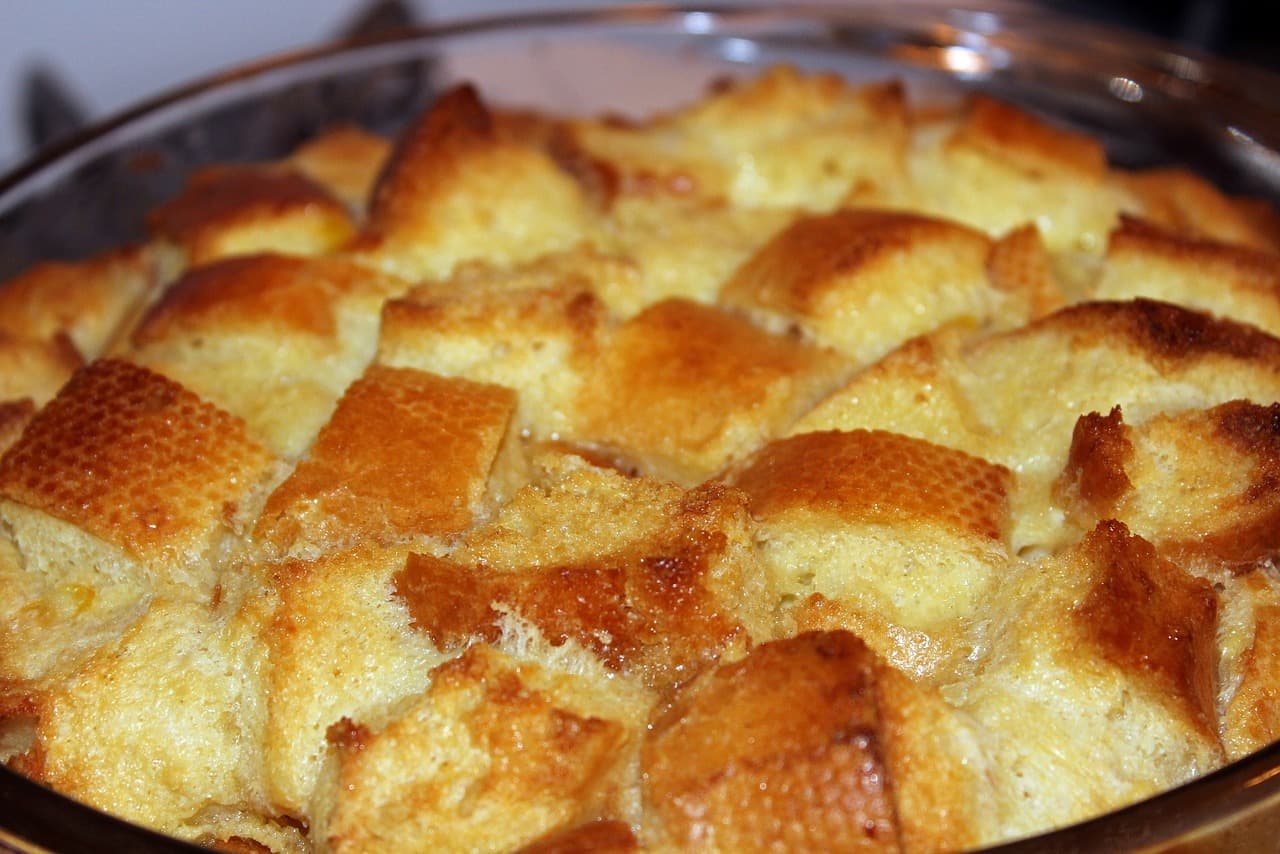 Bread pudding baked golden in a dish